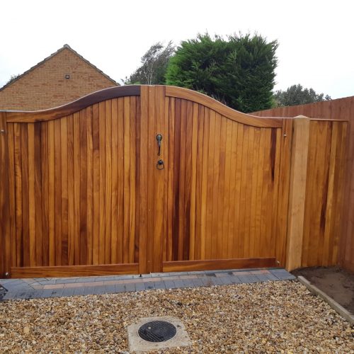 front view of hardwood gates made from iroko