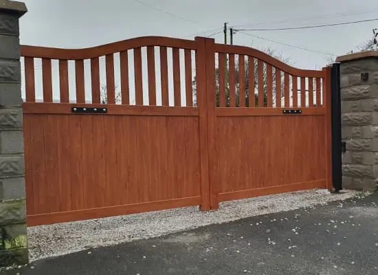 Link to our range of aluminium gates showing a swan neck spindle double gate made from aluminium with a wood effect